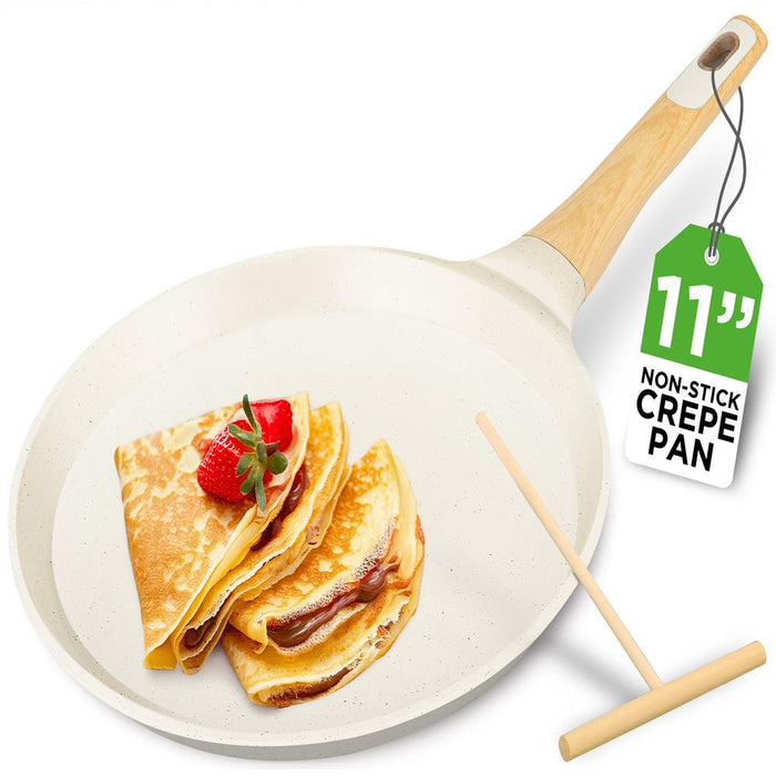11" Non-Stick Crepe Pan, Easy Clean Marble Coating, White Cream Marble