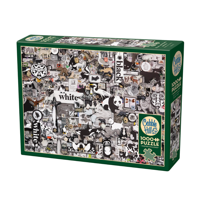 The Cobble Hill "Black and White: Animals" 1,000-piece jigsaw puzzle features a collage of striking animal images. Enjoy random-cut recycled cardboard pieces for a unique, eco-friendly challenge.