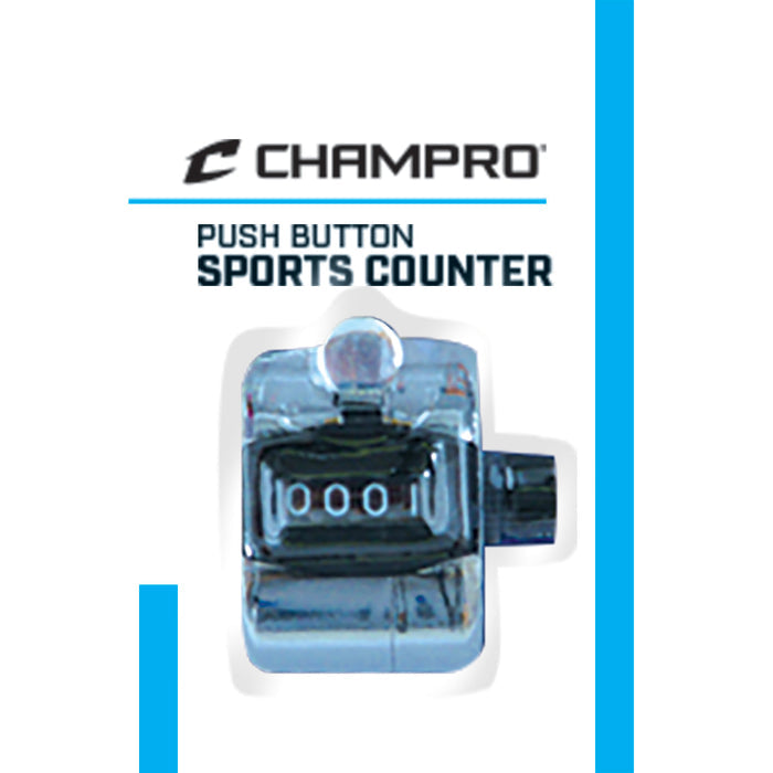 A Champro Sports Pitch / Sports Counter: A021 featuring a four-digit black display reading 0001 is shown on a white background with blue accents. The Champro Sports logo and โPush Button Sports Counterโ appear above the counter.