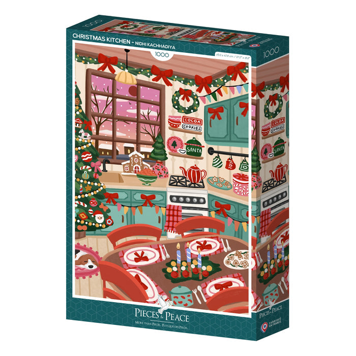 The Pieces & Peace "Christmas Kitchen" 1,000-piece jigsaw puzzle features Nidhi Kachhadiya’s festive kitchen scene with holiday décor, a Christmas tree, and a decorated dining table. Made in France.