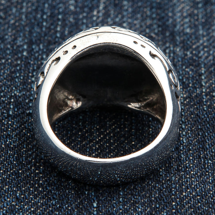 Back inside view of the silver eyeball ring revealing the hollow band interior and polished domed underside