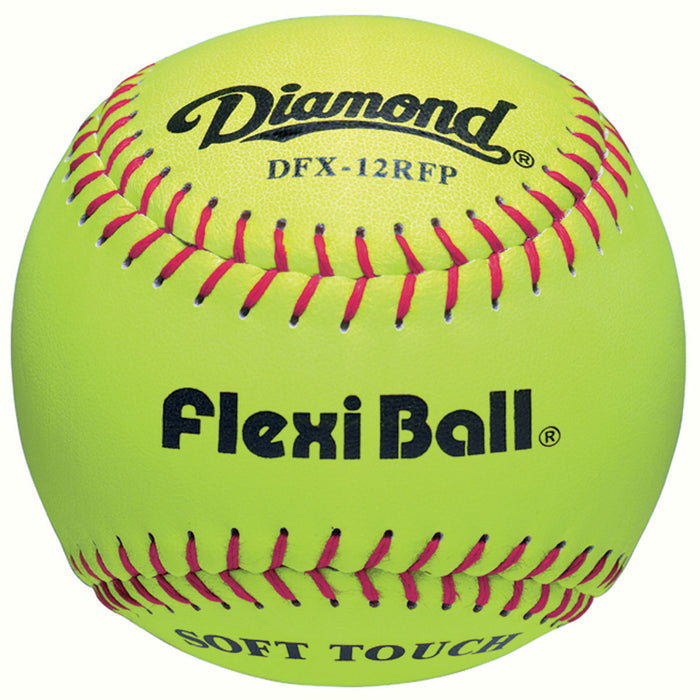 The Diamond FlexiBall 12" Leather Fastpitch Softballs (DFX-12RFP) feature a bright yellow cover, red stitching, and "Flexi Ball Soft Touch" in black text—ideal for both fast pitch games and practice.
