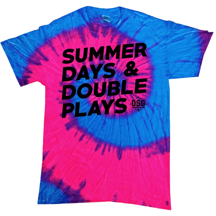 The DSG Apparel Summer Days T-Shirt (DSG-SDDP) features blue and pink tie-dye pre-shrunk cotton, bold black "SUMMER DAYS & DOUBLE PLAYS" text, a small DSG logo below, and comes from the DSG Apparel brand.
