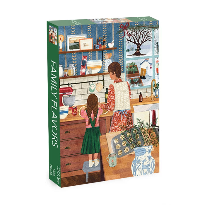 A woman and girl bake cookies in a cozy kitchen with a winter view, featured on the Family Flavors | 1,000 Piece Jigsaw Puzzle by Olleo Puzzles—the perfect holiday activity for family fun.
