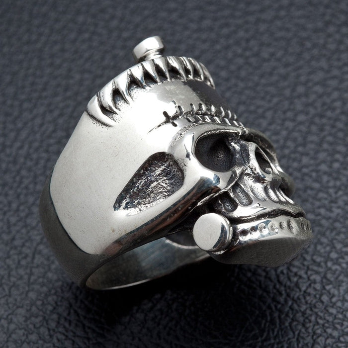 Three-quarter profile of 30 gram Frankenstein skull biker ring in polished 925 sterling silver