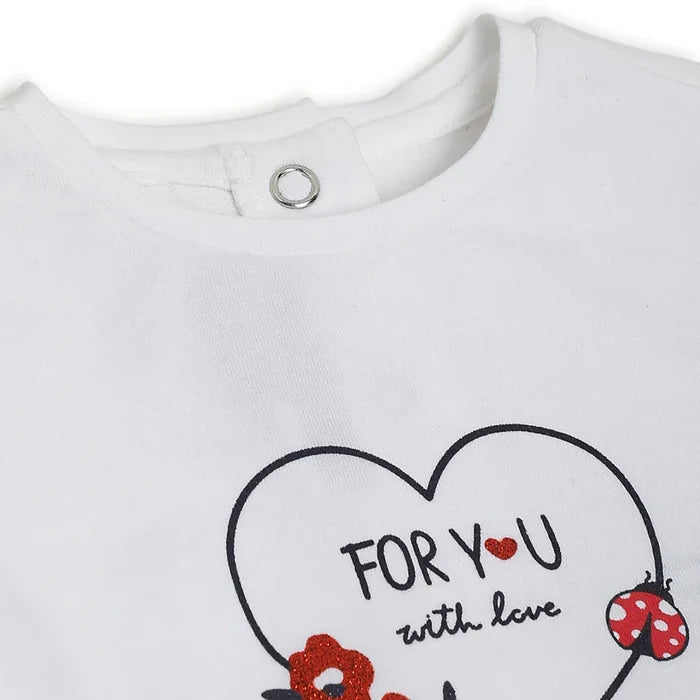 Girls White & Red Printed T-Shirt With Shorts