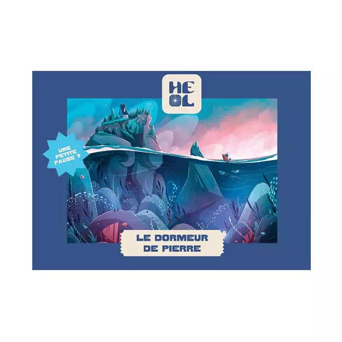 Le Dormeur De Pierre | 99 Piece Jigsaw Puzzle by Heol Editions features illustrated blue and pink landscape cover art with a house on a hill, canoe on water, and French text “Le dormeur de pierre” & “Une petite pause?” Made in France.