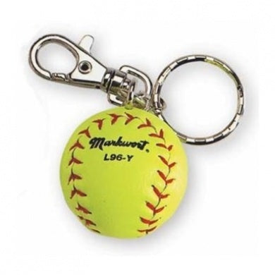 The Markwort Softball Keychain (MIL96Y) features a yellow synthetic leather softball with red stitching and "Markwort L96-Y" text, attached to a metal split ring and clasp.
