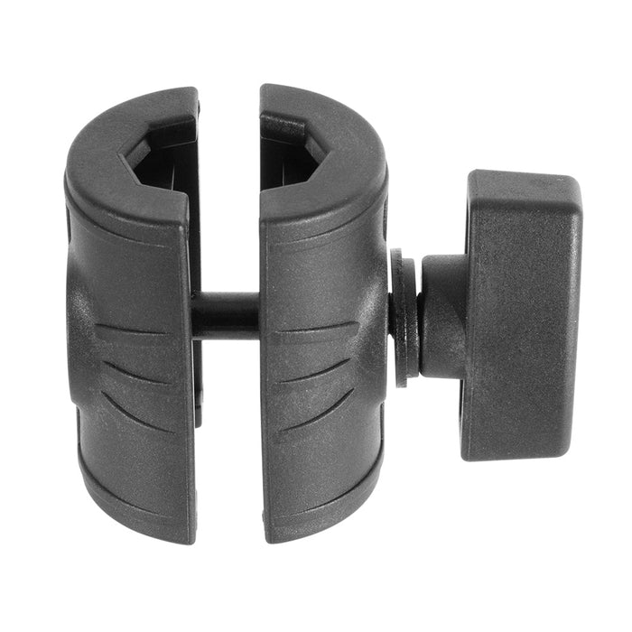 The OCTO™ Series Double Octagon Socket Arm is a black plastic clamp add-on with a circular opening and side tightening knob, designed to securely grip cylindrical objects.