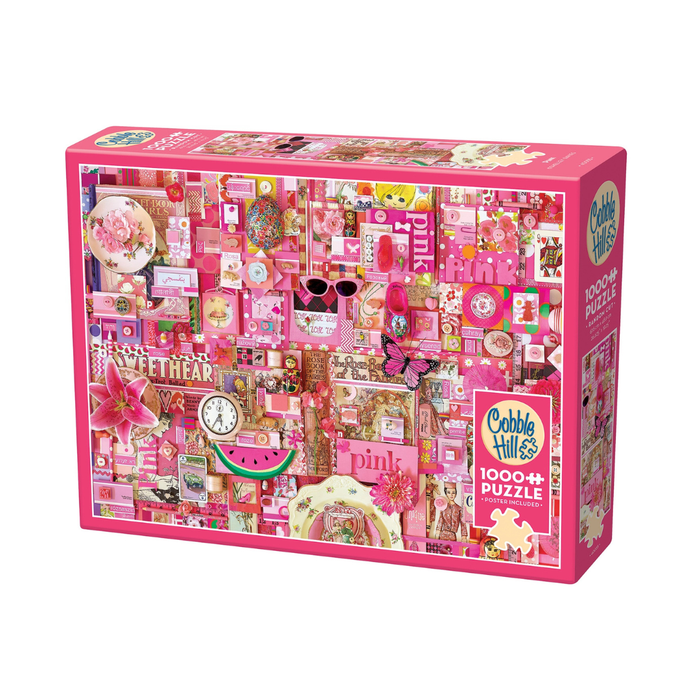 Cobble Hill’s Pink | 1,000 Piece Jigsaw Puzzle showcases a vibrant collage of pink-themed objects—flowers, sunglasses, and books—and is part of their popular collage puzzles series.