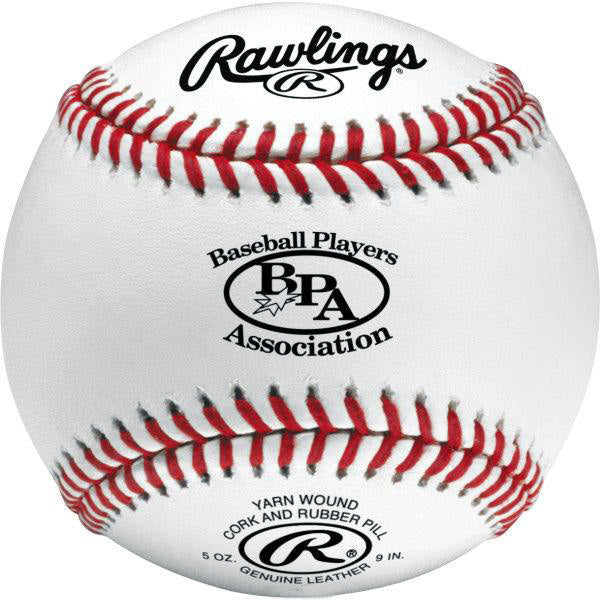 The Rawlings BPA Official Baseballs: RTB-BPA feature red stitching, the Baseball Players Association logo and text, and details on yarn wound construction with a cork and rubber pill.