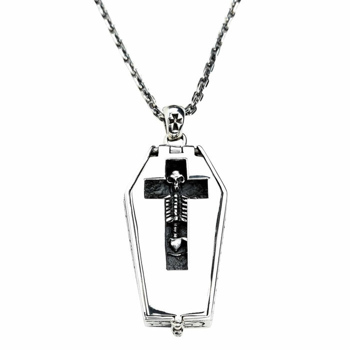 Gothic skeleton pendant displayed with sterling silver chain showing complete necklace setup