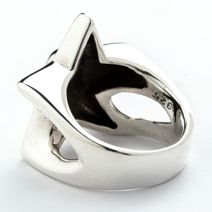 Handcrafted sterling silver skull ring back view showing 925 stamp and band design