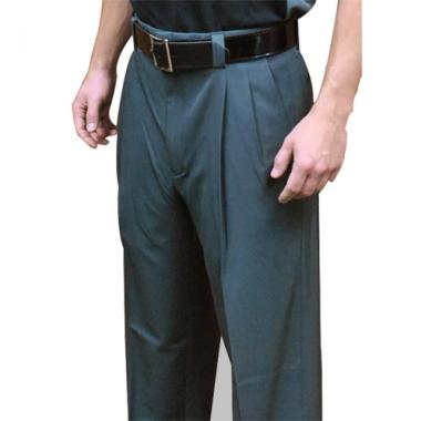 A person is shown from waist to mid-thigh wearing Smitty 4-Way Stretch Umpire Pleated Combo Pants (BBS-391) in dark green with a comfort grip waistband, black belt, and dark shirt. Their hands are relaxed at their sides.