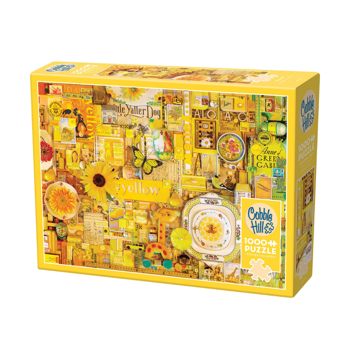 The Cobble Hill Yellow 1,000 Piece Jigsaw Puzzle showcases a vibrant yellow-themed collage and is made from recycled cardboard for eco-friendly enjoyment.