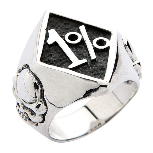 A 1%er biker ring crafted from sterling silver, featuring the one percent symbol and detailed side skulls.