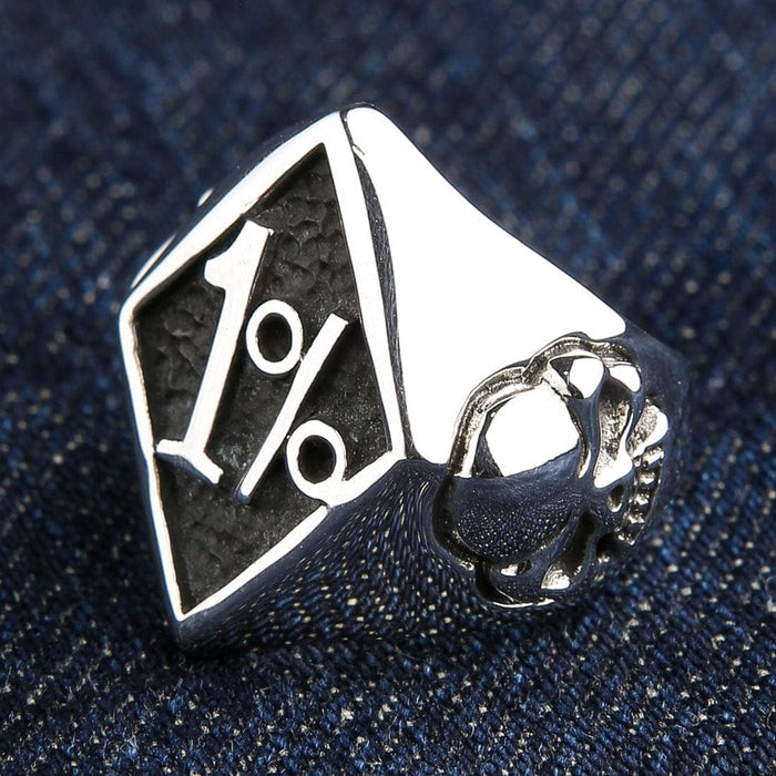 One-percenter ring, showing the intricately carved skull on the ring's shank.