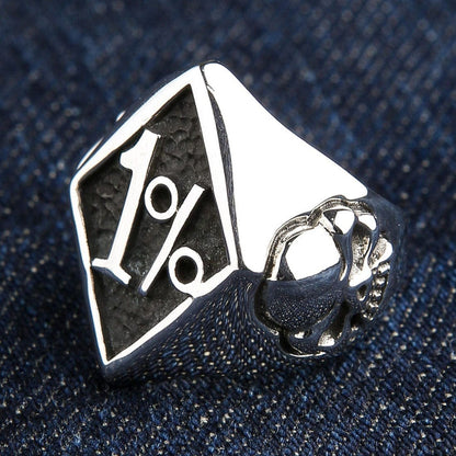 One-percenter ring, showing the intricately carved skull on the ring's shank.