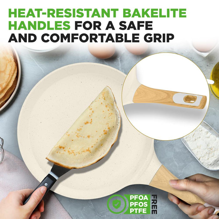 11" Non-Stick Crepe Pan, Easy Clean Marble Coating, White Cream Marble