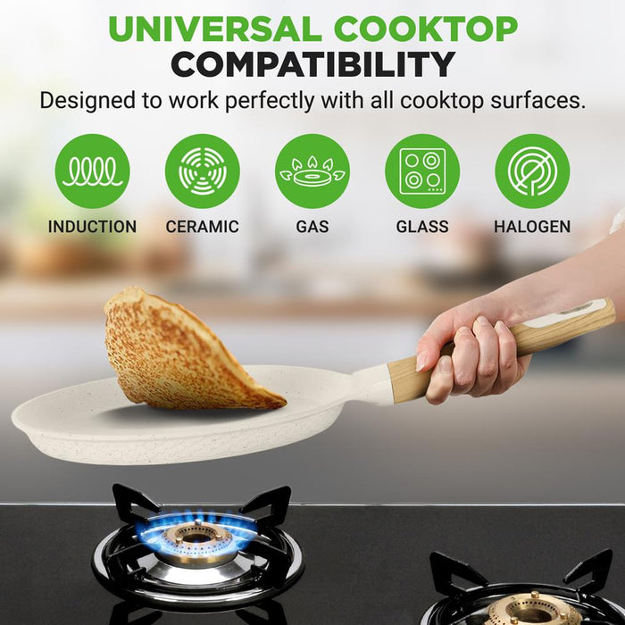 11" Non-Stick Crepe Pan, Easy Clean Marble Coating, White Cream Marble