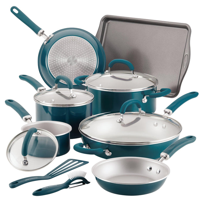 13-Piece Nonstick Induction Cookware Set with utensils and baking sheet on display.