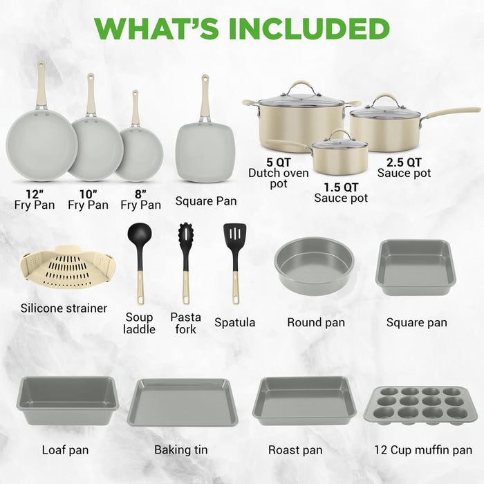 20-Piece Non-Stick Cookware Set, Easy-Clean Aluminum, White