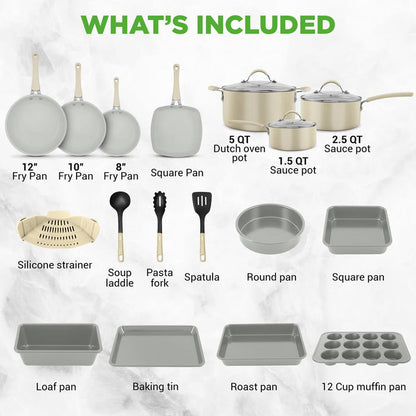 20-Piece Non-Stick Cookware Set, Easy-Clean Aluminum, White