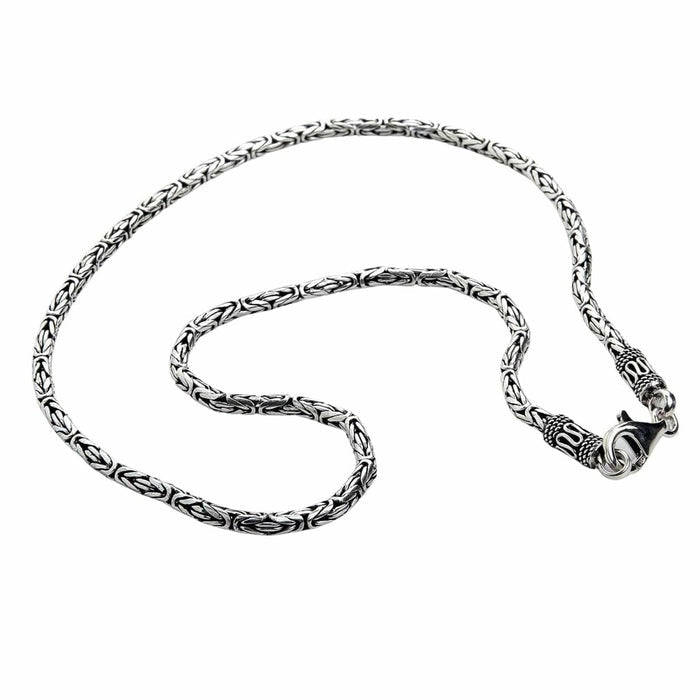 3mm sterling silver Byzantine chain necklace full length view showing intricate weave pattern and lobster clasp