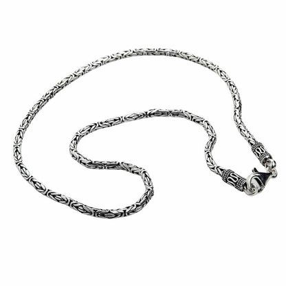 3mm sterling silver Byzantine chain necklace full length view showing intricate weave pattern and lobster clasp