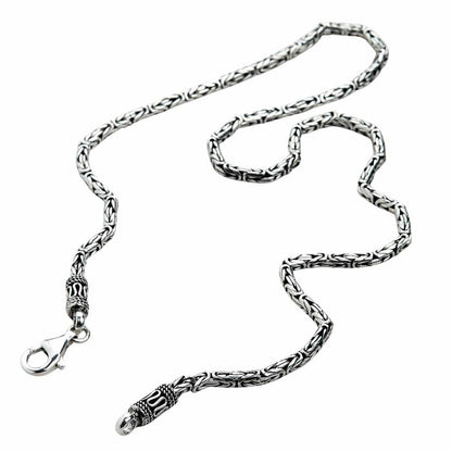 3mm Byzantine silver chain with unclasped lobster closure displaying full chain length and weave detail