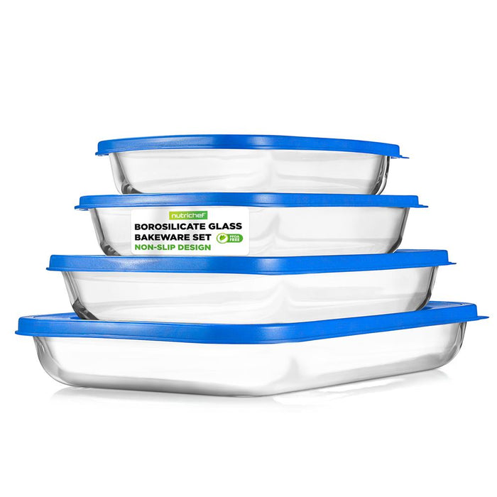 8-Piece Glass Bakeware Set, Stackable, Borosilicate, Blue Lids
