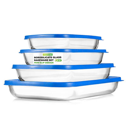 8-Piece Glass Bakeware Set, Stackable, Borosilicate, Blue Lids