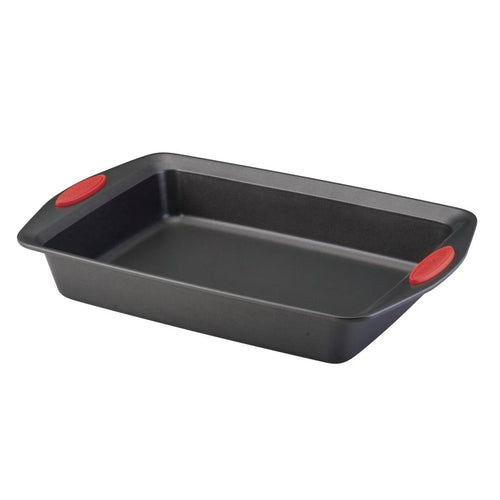 The 9-Inch x 13-Inch Nonstick Rectangle Roasting & Cake Pan is made from heavy gauge steel and includes a nonstick coating along with red silicone grips on the handles, making it oven safe for all your roasting needs.