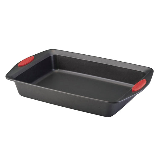 The 9-Inch x 13-Inch Nonstick Rectangle Roasting & Cake Pan is made from heavy gauge steel and includes a nonstick coating along with red silicone grips on the handles, making it oven safe for all your roasting needs.