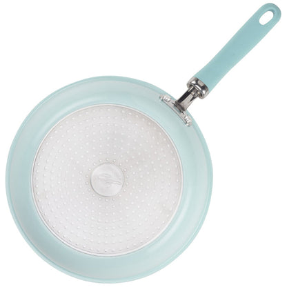 Light blue nonstick induction frying pans, 9.5" & 11.75", with blue handles.