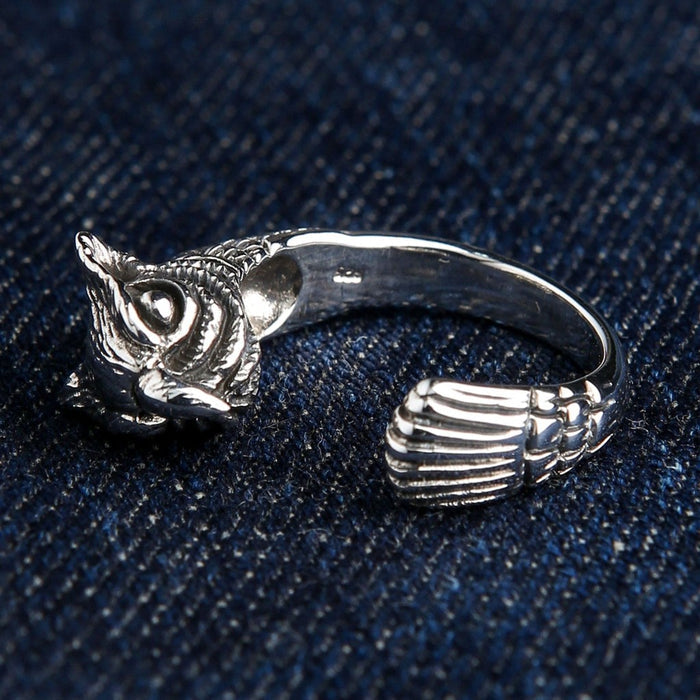 Adjustable owl sterling silver ring profile view highlighting 5mm band width and owl head sculpture
