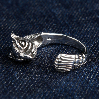 Adjustable owl sterling silver ring profile view highlighting 5mm band width and owl head sculpture