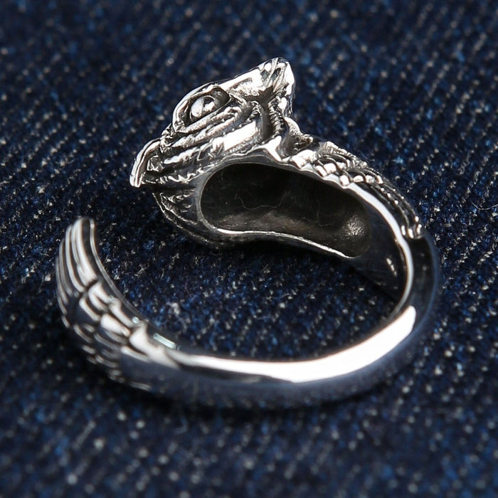 Sterling silver owl ring interior view showing 925 hallmark stamp and hollow owl head construction