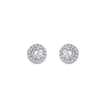 From the Anastasia Collection by Anna Zuckerman Luxury, Sterling Silver CZ Halo Stud Earrings.