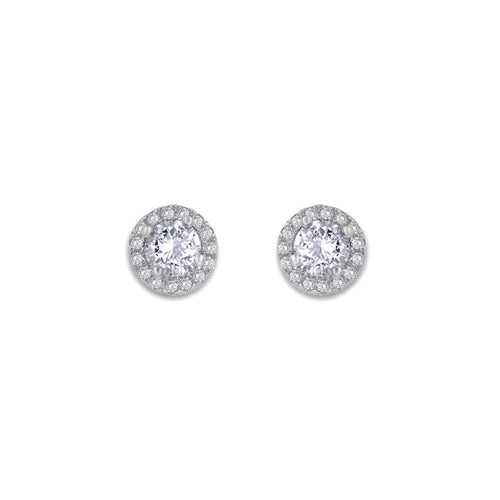 From the Anastasia Collection by Anna Zuckerman Luxury, Sterling Silver CZ Halo Stud Earrings.