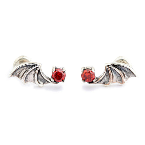 Pair of .925 sterling silver bat wing stud earrings, each set with a round red cubic zirconia