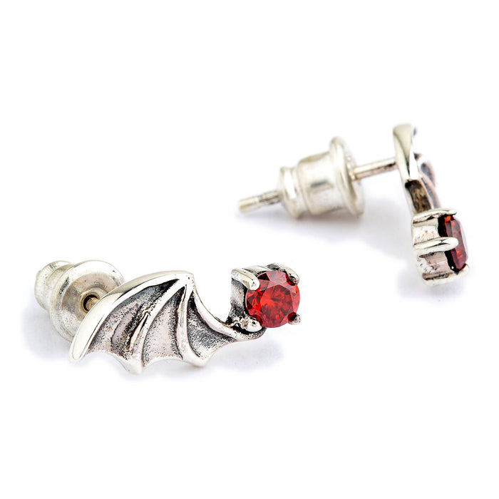 Three-quarter view of one 16mm bat wing earring with its bullet clutch fitted, second earring behind