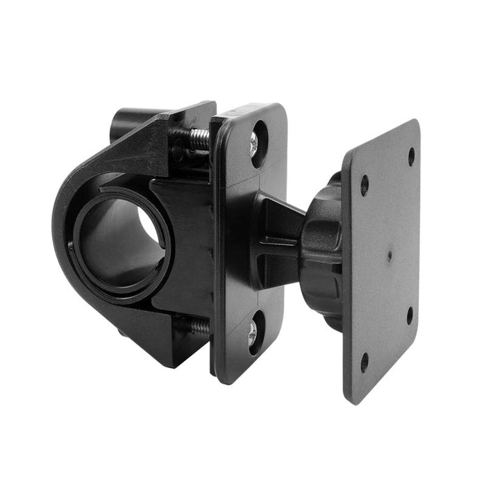 The Bike or Motorcycle Handlebar Mount with AMPS Head for Satellite Radios is a black adjustable bracket featuring a flat AMPS plate and a cylindrical clamp, designed to securely attach satellite radios or adapters to bike or motorcycle handlebars.