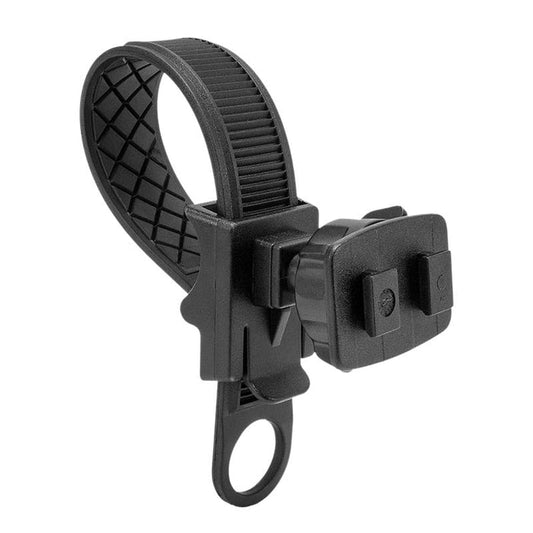 The Bike or Motorcycle Handlebar Strap Mounting Pedestal is a black plastic adjustable mount with a textured band and square locking attachment, ideal for securely attaching devices or accessories to handlebars.