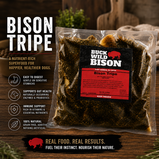 Packaged bison tripe with Buck Wild Bison label on a wooden surface