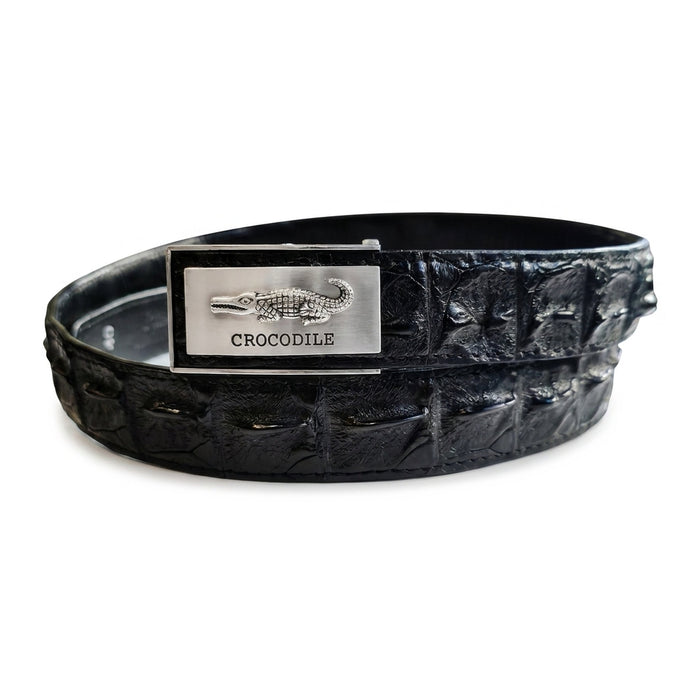 Front view of black crocodile backbone belt with silver auto-lock buckle, leather strap coiled behind.