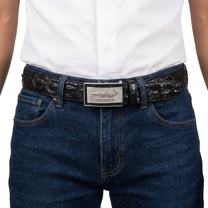 Worn on a model's waist, the black crocodile hornback belt threads through dress trouser belt loops cleanly.