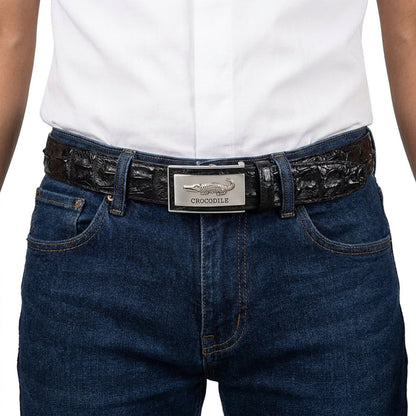 Worn on a model's waist, the black crocodile hornback belt threads through dress trouser belt loops cleanly.