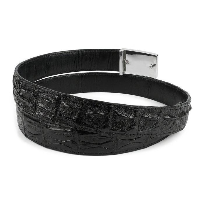 Genuine crocodile backbone leather belt, silver buckle right side view with raised hornback scales visible.