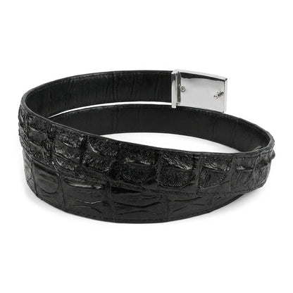 Genuine crocodile backbone leather belt, silver buckle right side view with raised hornback scales visible.